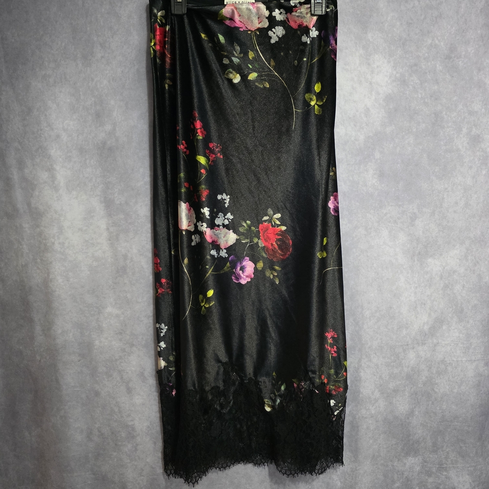 Alice + Olivia Black Floral Maxi Skirt with Lace Trim
